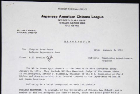 Memo to Chapter Presidents and Redress Representatives from Bill Yoshino (ddr-chijacl-1-292)