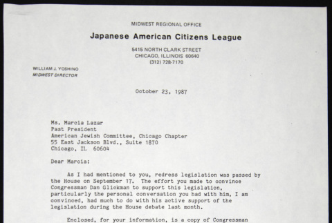 Letter to Marcia Lazar of the American Jewish Committee from William Yoshino (ddr-chijacl-1-660)