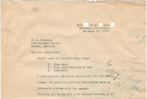 Letter sent to T.K. Pharmacy from  Manzanar concentration camp (ddr-densho-319-417)