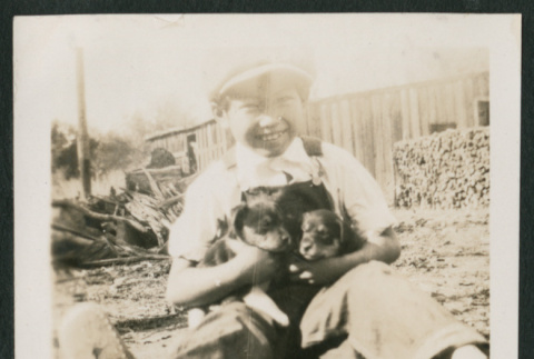 boy with two puppies (ddr-densho-378-365)