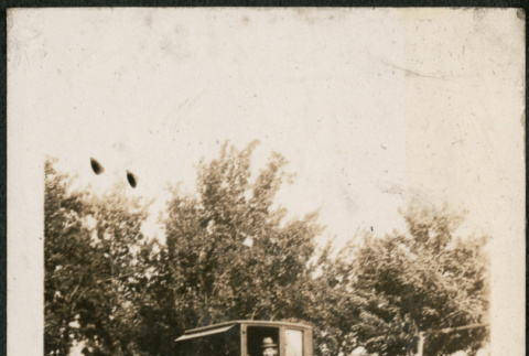 Woman and girl in garden, man in car in background (ddr-densho-293-45)