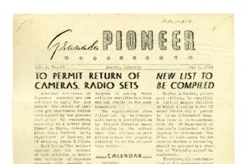 Granada Pioneer, Vol. I, No.61, May 1, 1943 (ddr-csujad-17-7)