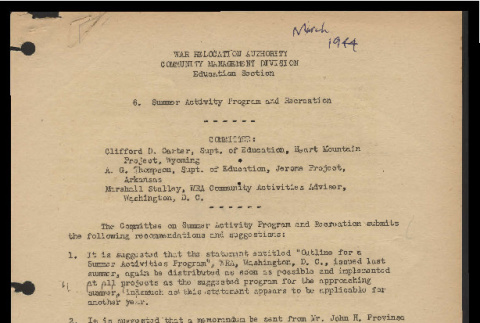 Recommendations by the Committee on Summer Activity Programs and Recreation, War Relocation Authority, Community Management Division, Education Section (ddr-csujad-55-1699)