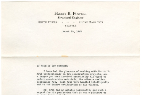 Letter of reference from Harry Powell (ddr-densho-430-68)