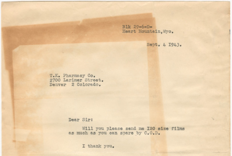 Letter sent to T.K. Pharmacy from Heart Mountain concentration camp (ddr-densho-319-346)