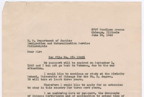 Letter from Ai Chih Tsai to Immigration and Naturalization Service (ddr-densho-446-85)