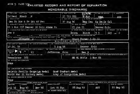 Enlisted record and report of separation honorable discharge, WD AGO Form 53-55, Frank M. Iritani (ddr-csujad-55-151)