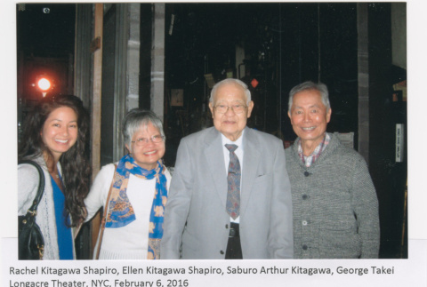 Rachel Kitagawa Shapiro, Ellen Kitagawa Shapiro and Saburo Arthur Kitagawa meeting George Takei (ddr-densho-539-32)