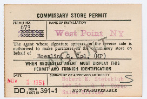 Commissary Store Permit for Charles Roeslin Jr. and Mitsuye Takemiya (ddr-densho-550-76)