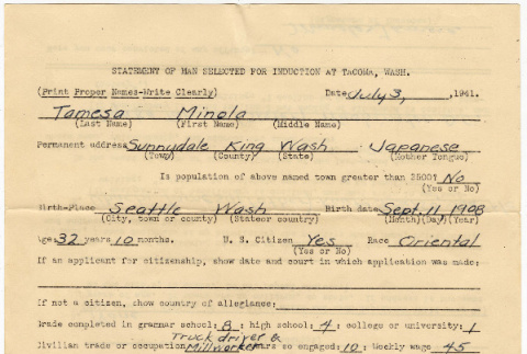 Statement of Man Selected for Induction at Tacoma, Wash. (ddr-densho-122-800)