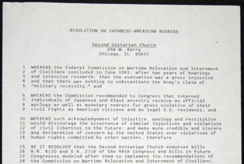 Copy of Second Unitarian Church Resolution on Japanese American Redress (ddr-chijacl-1-75)