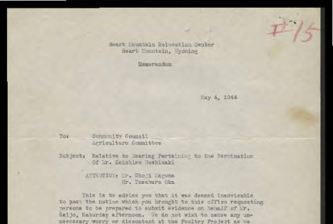 Memo from Glen Hartman, Chief of Agriculture, Heart Mountain Relocation Center, to Community Council, Agriculture Committee, May 4, 1944 (ddr-csujad-55-930)