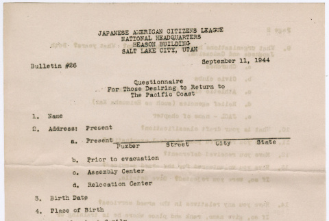 JACL Bulletin 26: Questionnaire for Those Desiring to Return to The Pacific Coast (ddr-densho-329-1026)