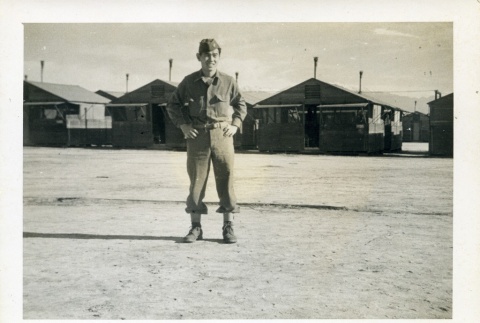 Soldier outside barracks (ddr-densho-22-336)