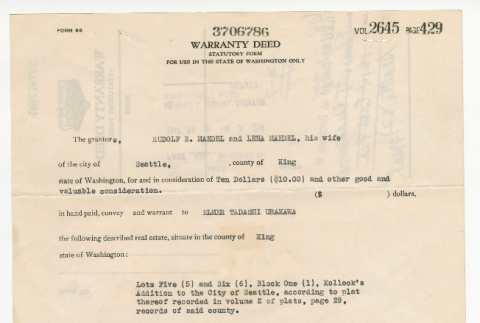 Warranty Deed for sale of property from Elmer Tadashi Urakawa to Rudolf and Lena Maedel (ddr-densho-474-98)