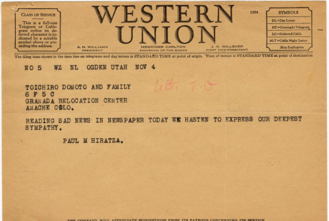 Western Union Telegram to Toichiro Domoto and Family from Paul M. Hiratza [sic] (ddr-densho-329-670)