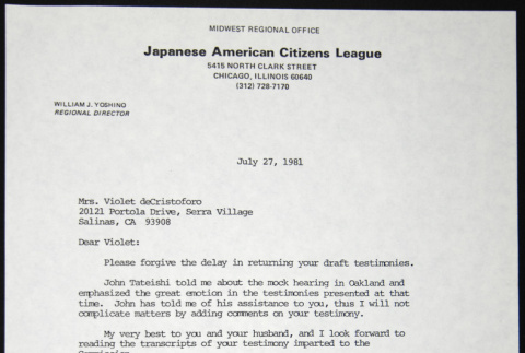 Letter to Violet de Cristoforo from Bill Yoshino (ddr-chijacl-1-602)