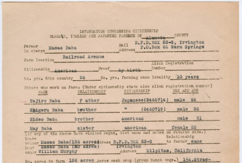 Information concerning citizenship German, Italian and Japanese Farmers of Alameda County and associated documents for Baba family (ddr-densho-491-48)
