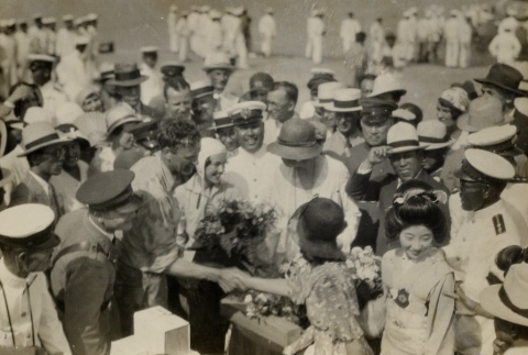 Charles and Anne Lindbergh greeting a crowd (ddr-njpa-1-1168)