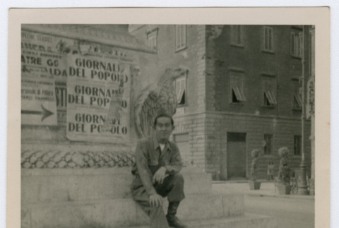 Soldier on steps in front of statue in Vatican City (ddr-densho-368-48)