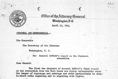 Memo Re: General DeWitt's report on the Japanese evacuation (ddr-densho-67-75)