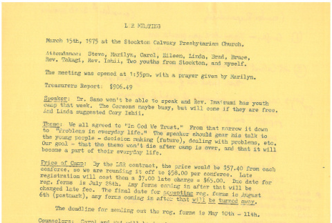 Meeting minutes for planning the 1975 Lake Sequoia Retreat (ddr-densho-336-677)