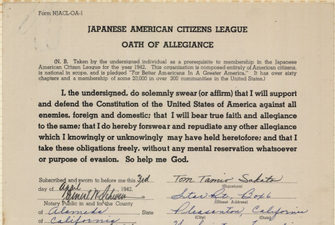 JACL Oath of Allegiance for Tom Tamio Sakata (ddr-ajah-7-124)