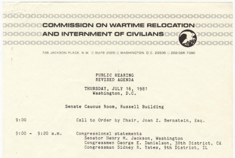 Commission on Wartime Reloction and Internment of Civilians Revised Public Hearing Ageneda (ddr-densho-352-40)