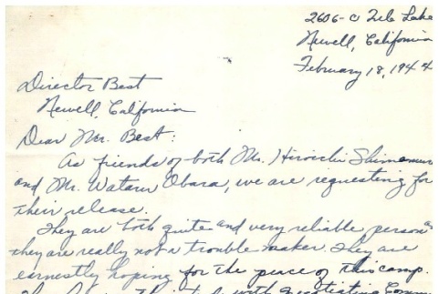 Letter from residents to Ramond Best, Director of Tule Lake Camp, February 18, 1944 (ddr-csujad-2-10)