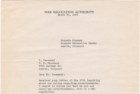 Letter sent to T.K. Pharmacy from Granada (Amache) concentration camp (ddr-densho-319-236)