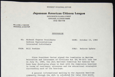 Memo to Midwest Chapter Presidents from Bill Yoshino (ddr-chijacl-1-459)