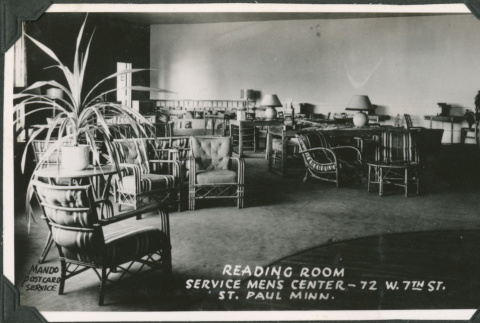 Postcard of room.  Printed on front:  Reading room, Service men's Center (ddr-ajah-2-553)