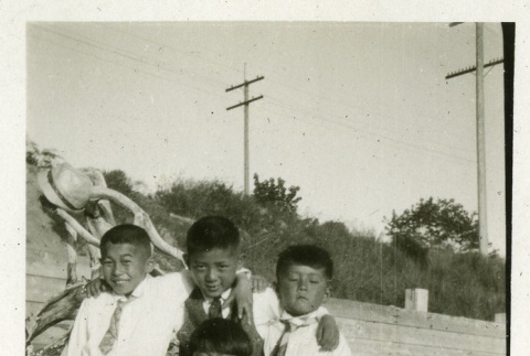 Nisei boys in front of a cement dike (ddr-densho-182-84)