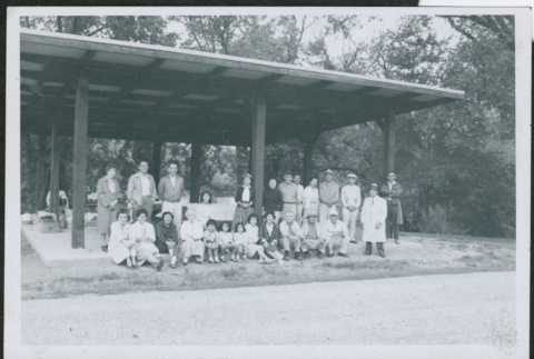 Large group posing in picnic shelter (ddr-densho-293-190)
