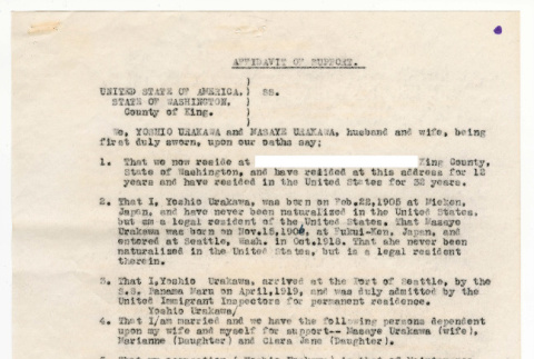 Affidavit of Support for an immigration visa for Tomehichi Urakawa (ddr-densho-474-87)