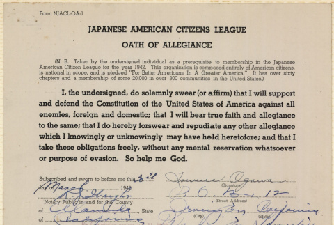 JACL Oath of Allegiance for Tsurue Ogawa (ddr-ajah-7-111)