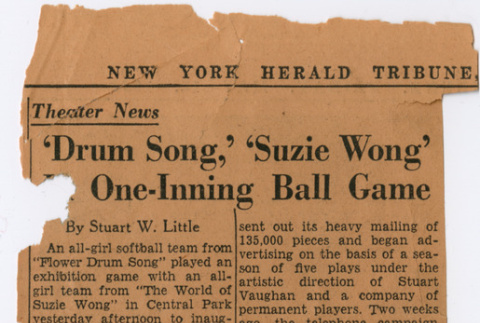 Newspaper article about exhibition game between cast of Flower Drum Song and The World of Suzie Wong (ddr-densho-367-220)